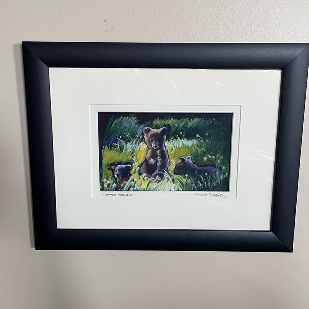 “Triple Touble” by Meredith Martin Framed Lithograph Bear Print Signed by Artist